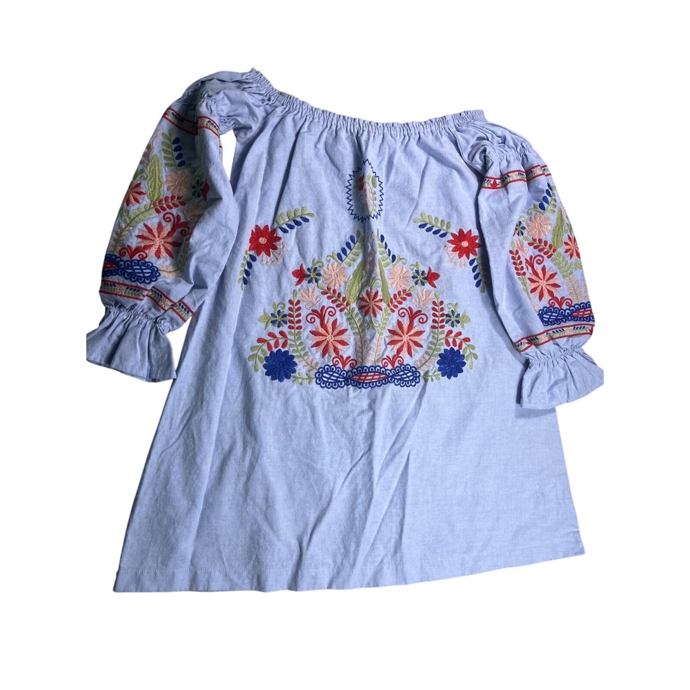 Ellison Small Embroidered Off Shoulder Dress Blue Floral Boho Bell Sleeve
